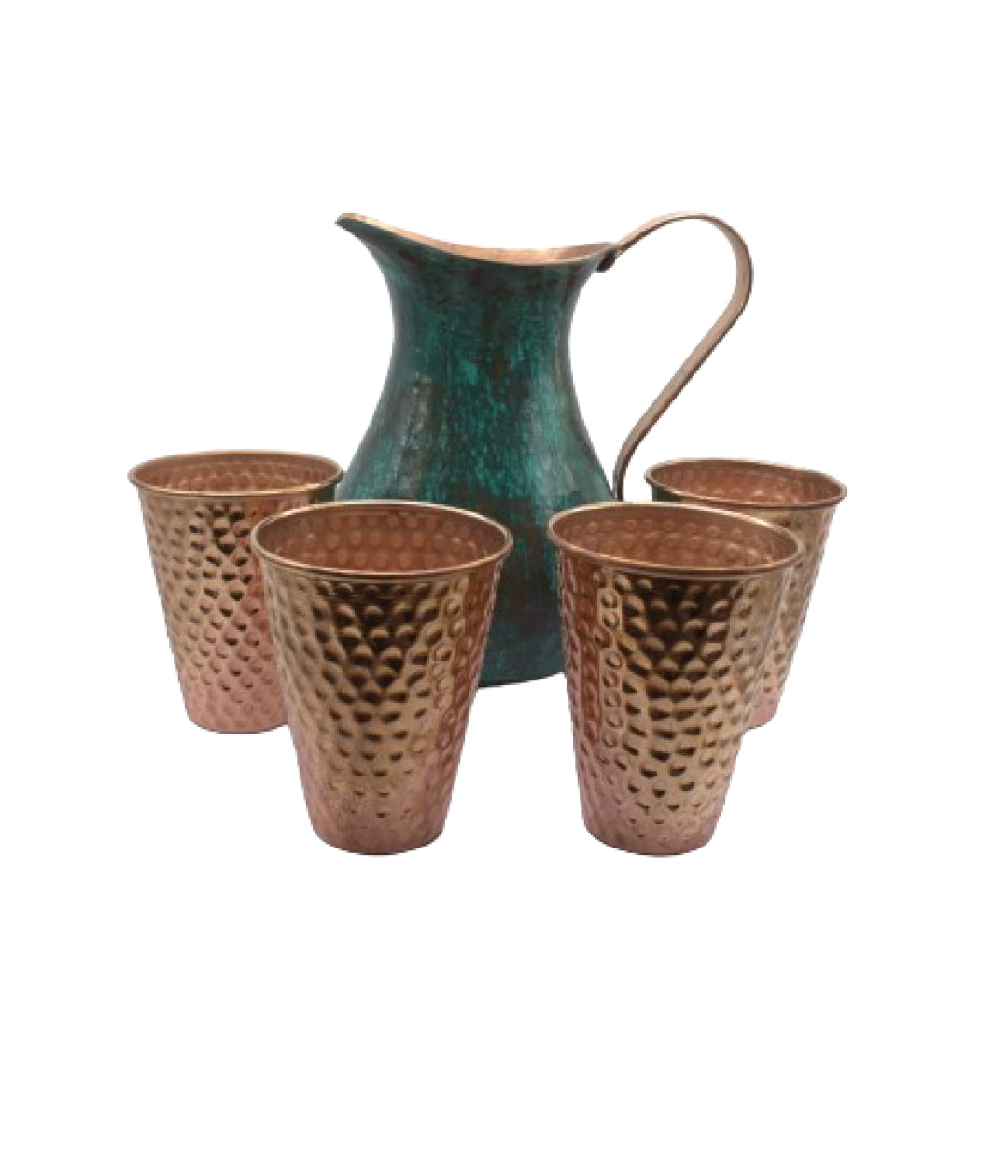 Set jarra griega esmeralda con vasos de cobre pulido